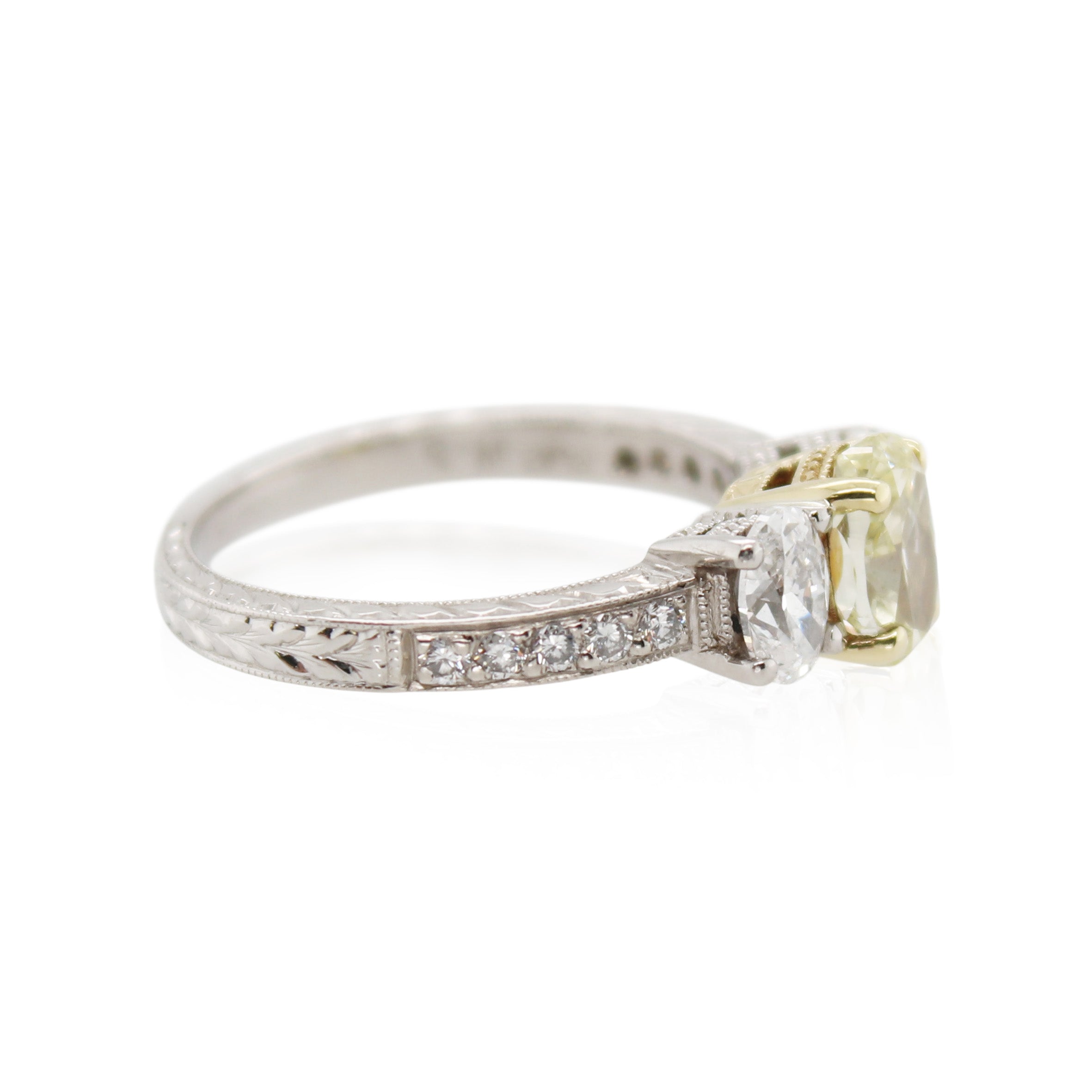 Estate Platinum Fancy Yellow Diamond 3 Stone Ring