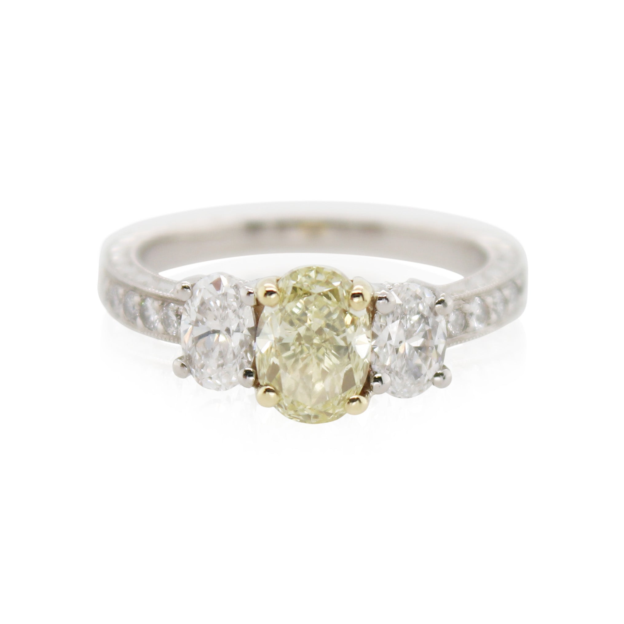 Estate Platinum Fancy Yellow Diamond 3 Stone Ring