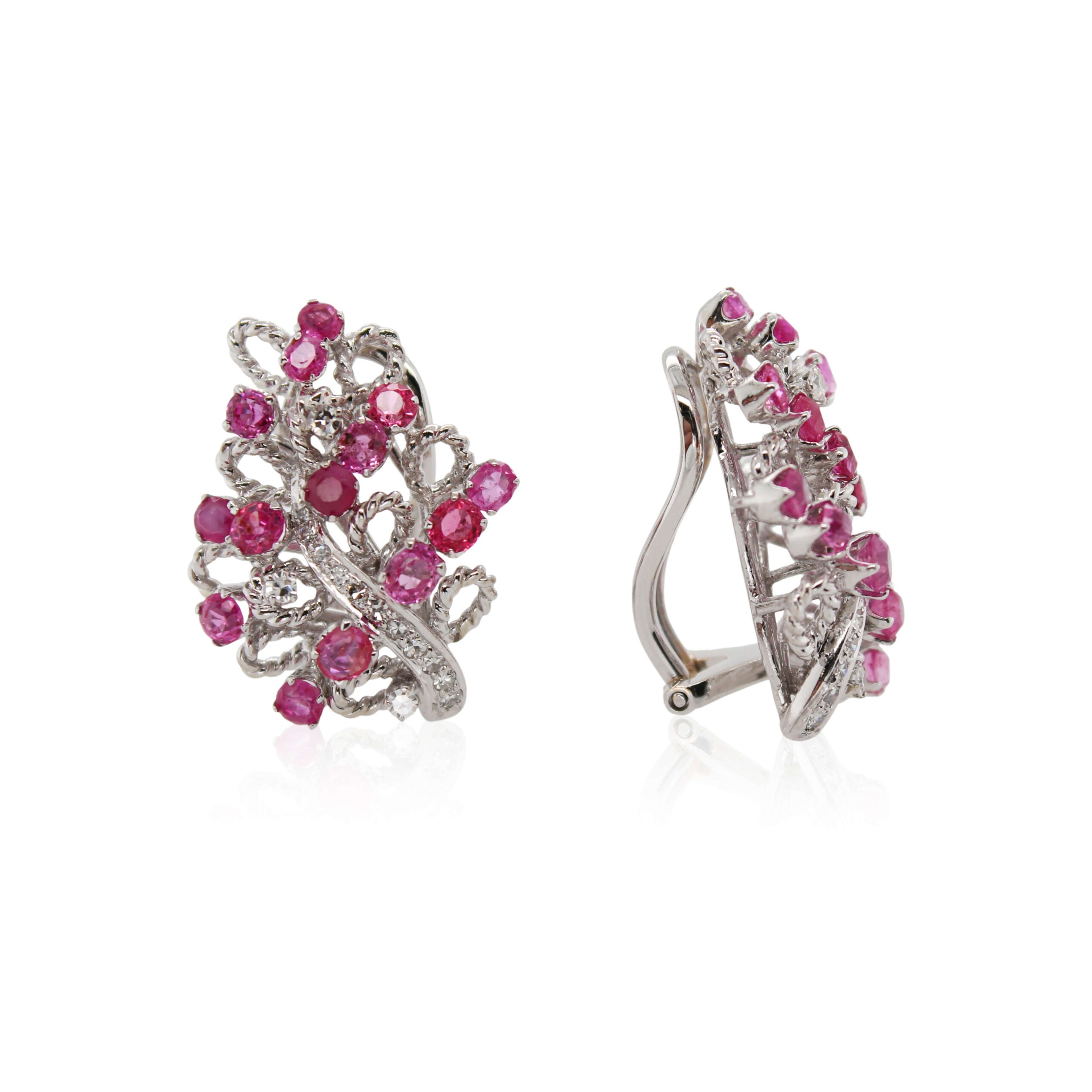 Pink Sapphire, Ruby, and Diamond Cluster Earrings