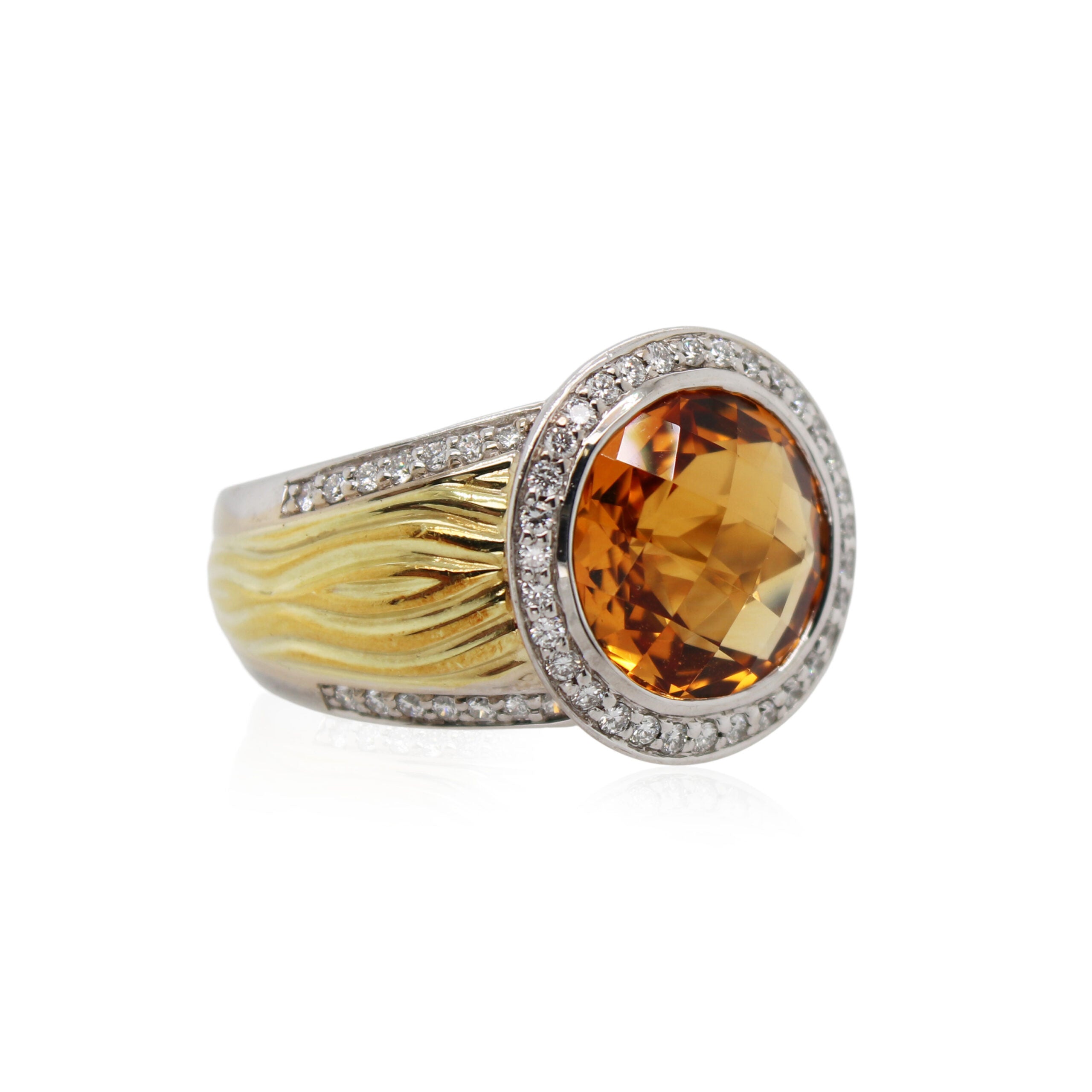 Estate Spark Creations Round Citrine and Halo Diamond Ring