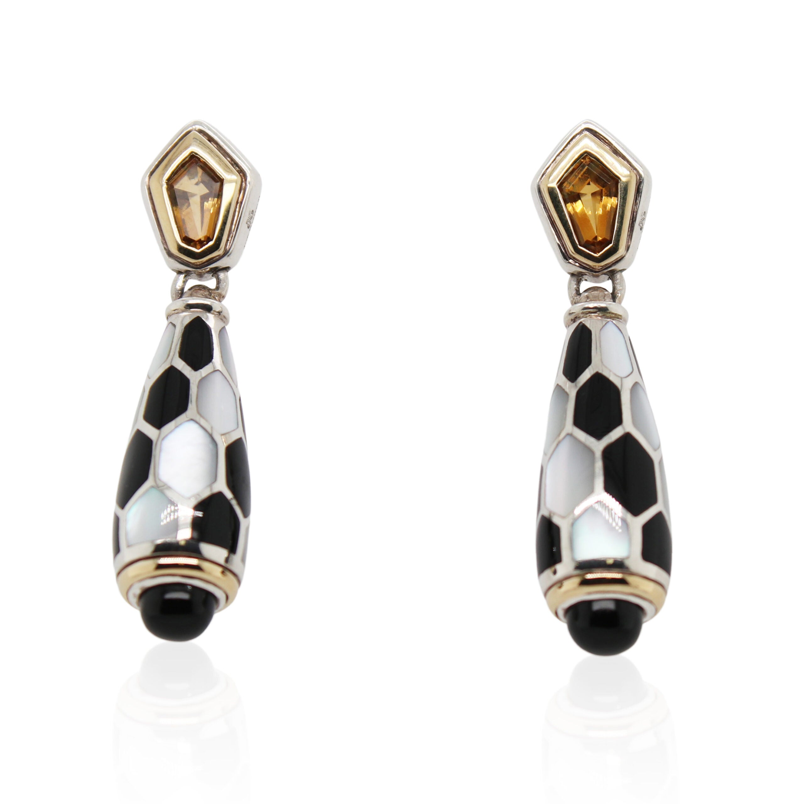 Sterling Silver Mother of Pearl, Black Onyx, and Citrine Earrings
