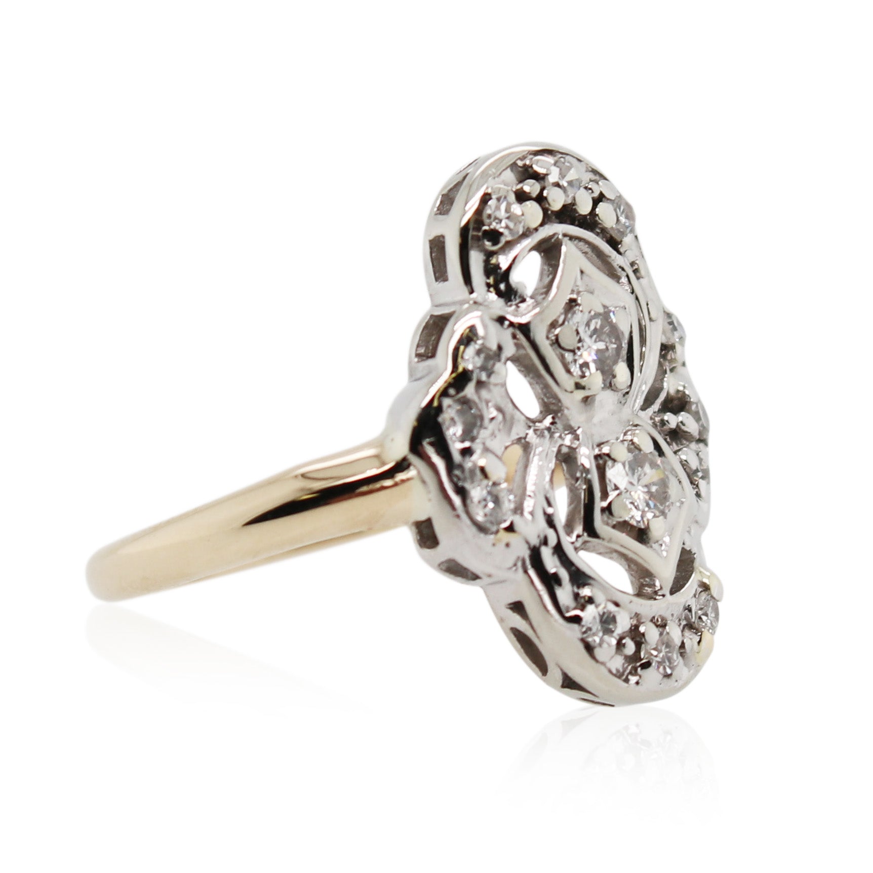 White and Yellow Gold Diamond Elongated Ring