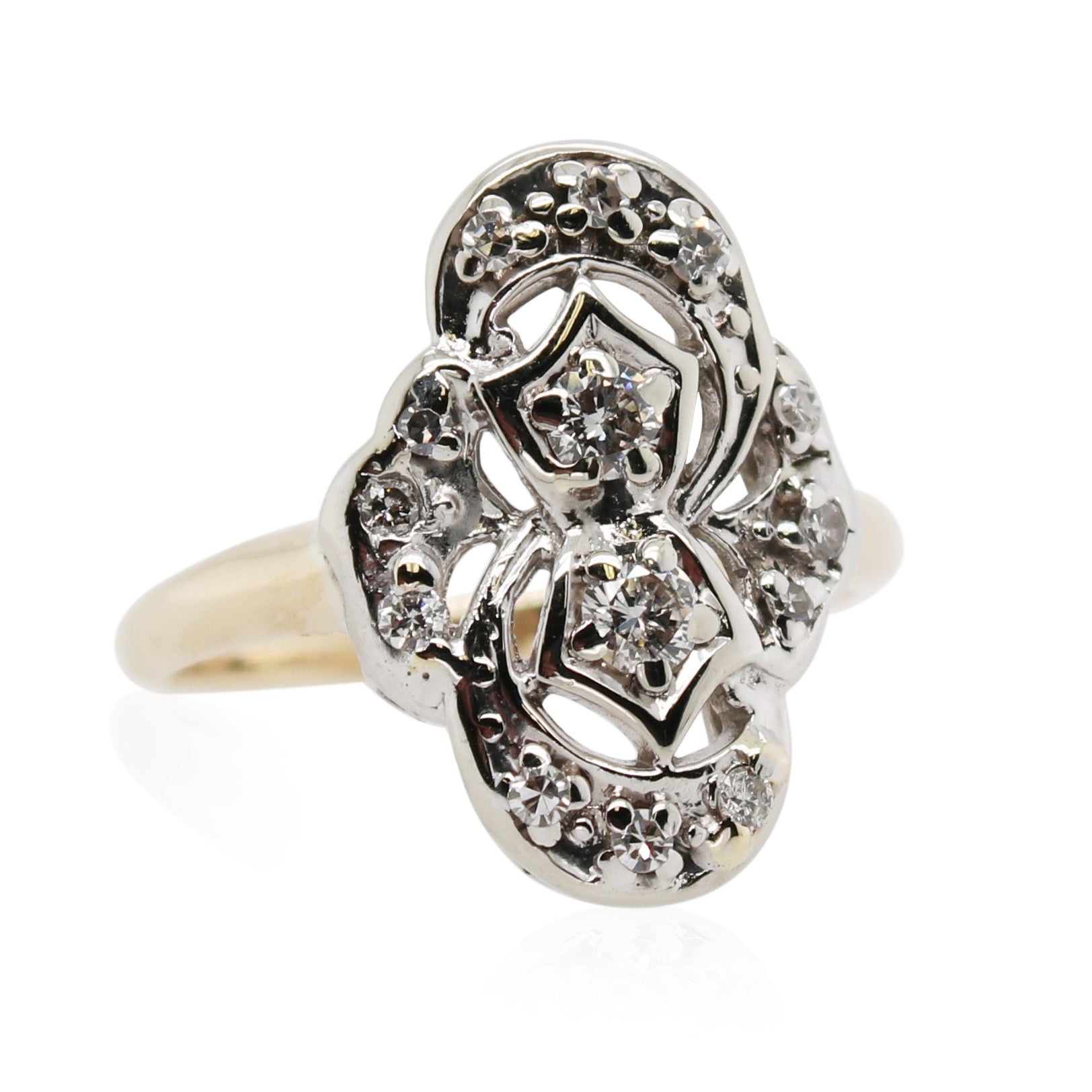 White and Yellow Gold Diamond Elongated Ring