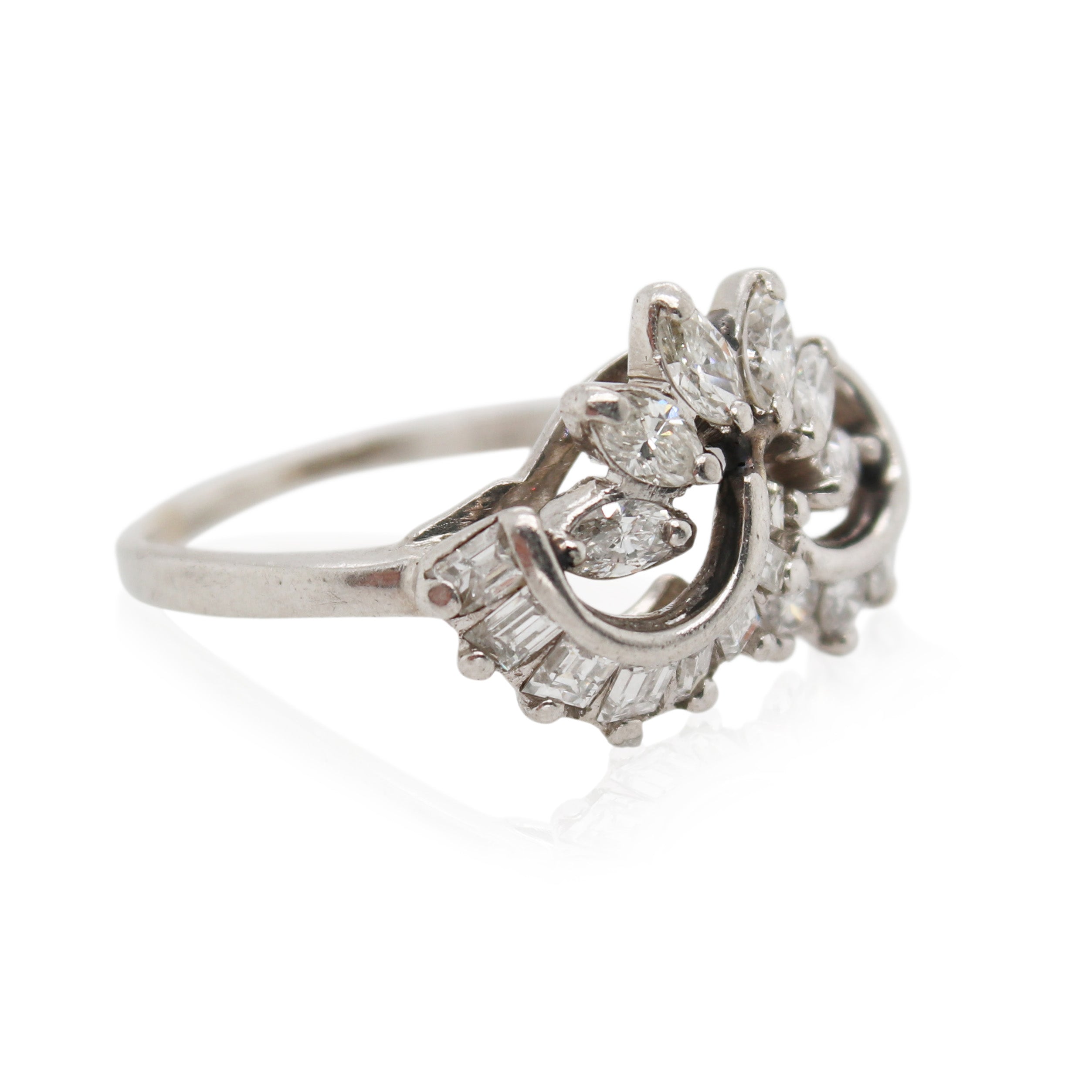 Platinum Marquise, Baguette, and Round Diamond Ring