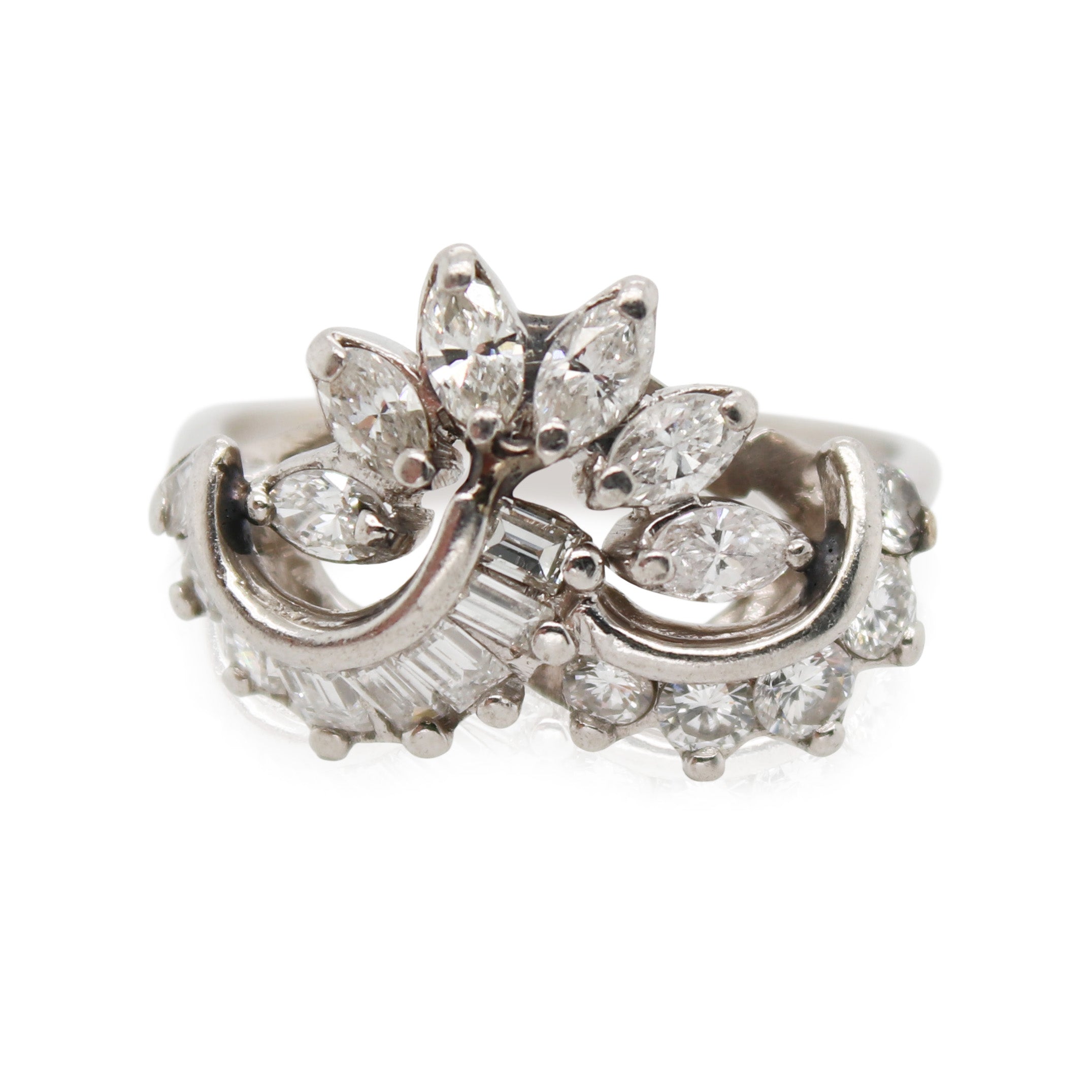 Platinum Marquise, Baguette, and Round Diamond Ring