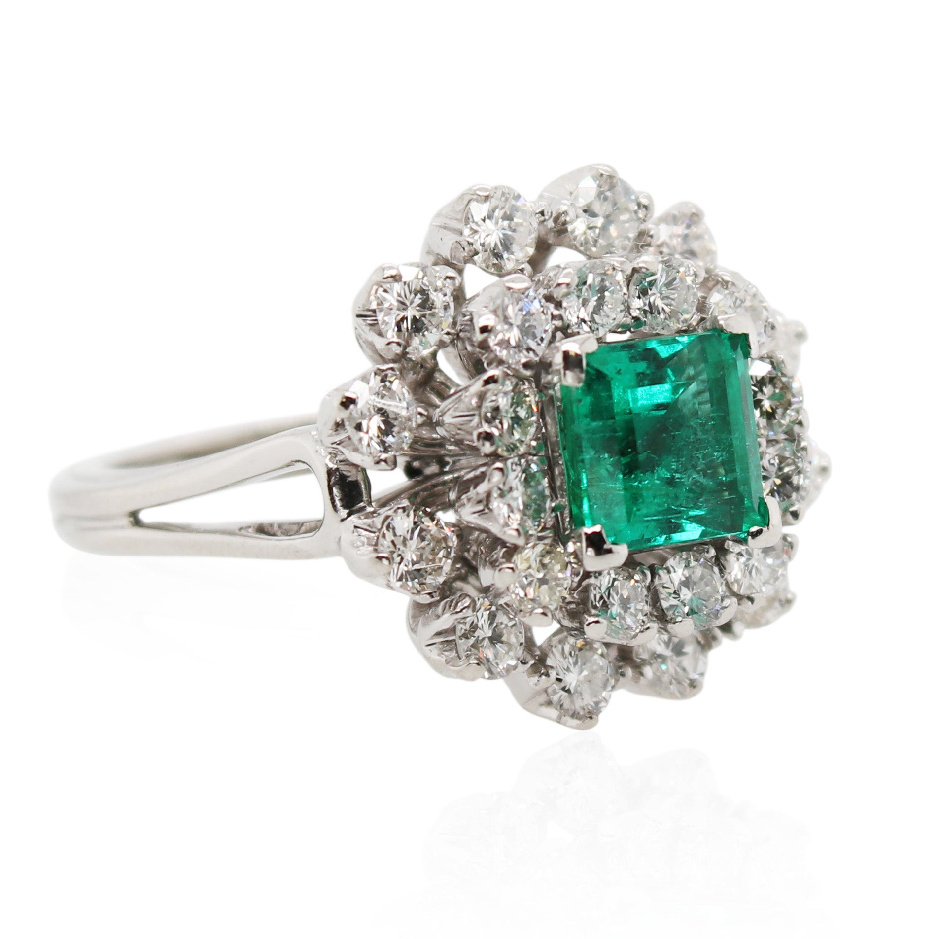 Emerald and Double Diamond Halo Ring