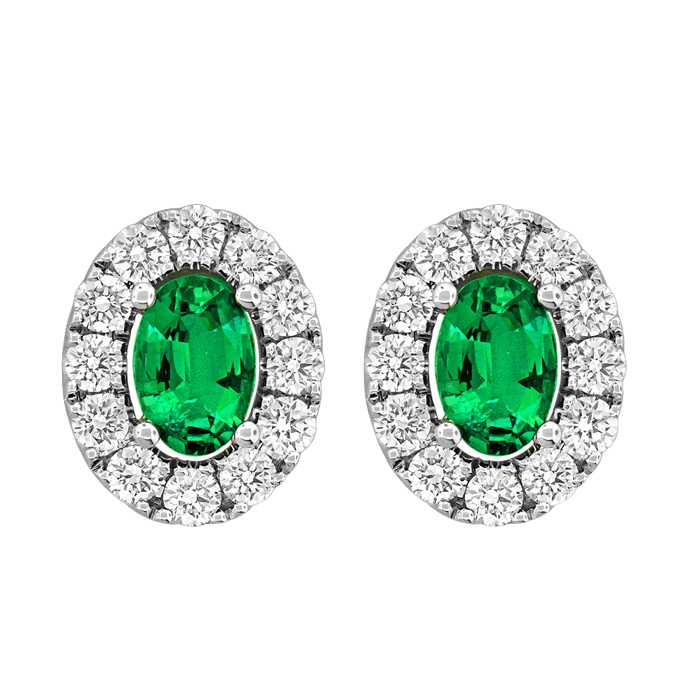 White Gold Oval Emerald and Diamond Halo Studs