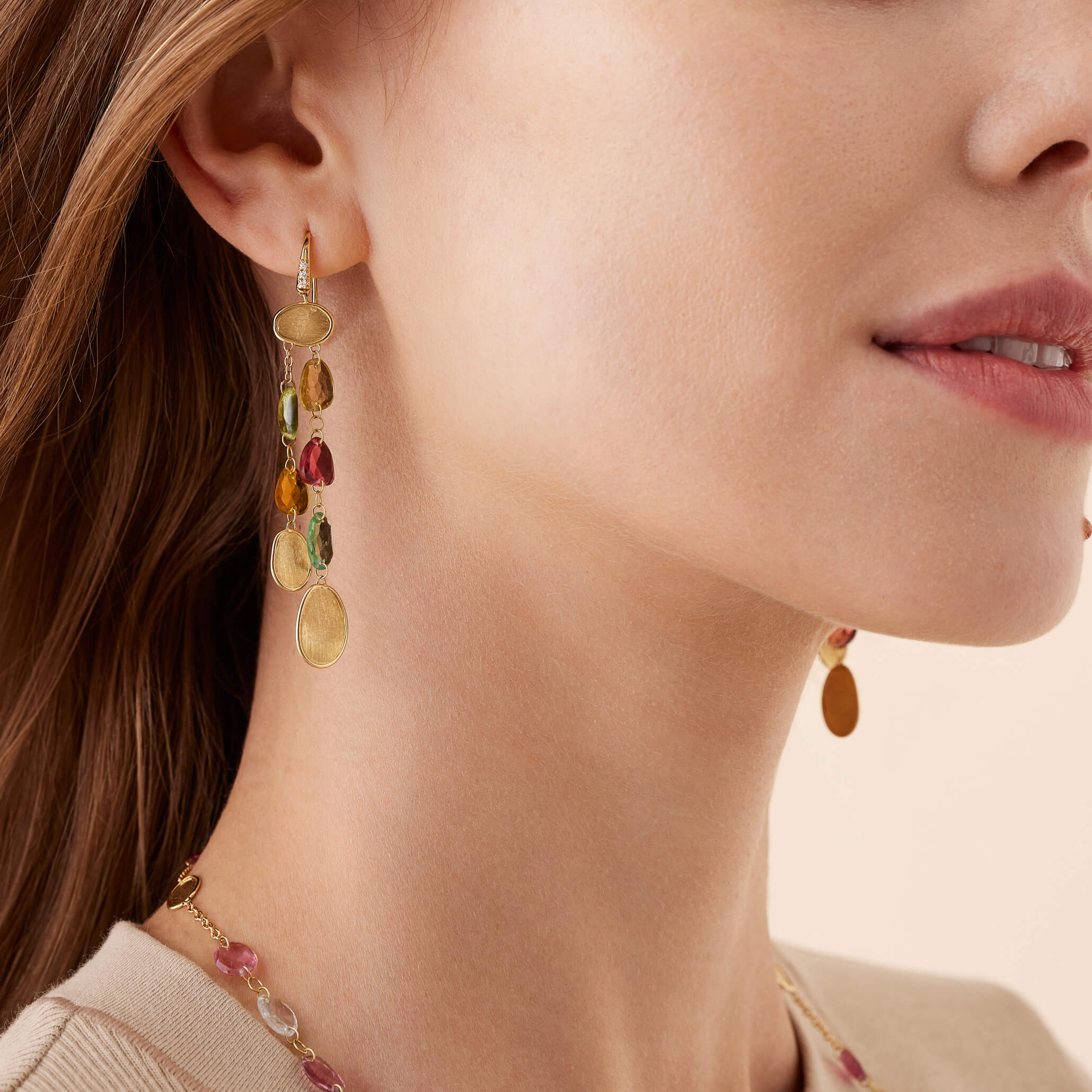 Marco Bicego Lunaria Collection 18K Yellow Gold Multi-Strand Tourmaline Earrings with Diamond Accent