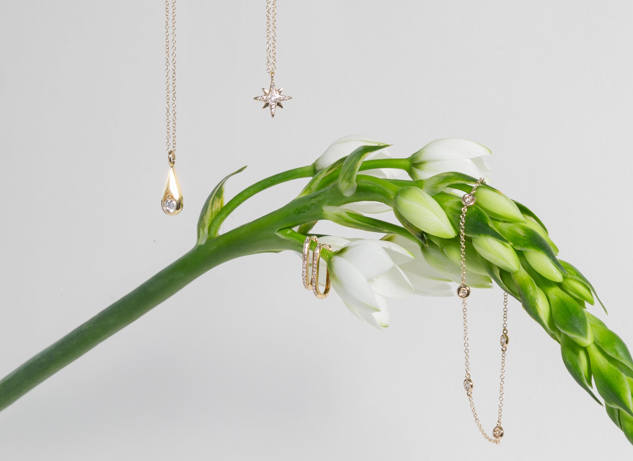 Gold jewelry including a necklace, ring, and bracelet on a branch with white flowers.