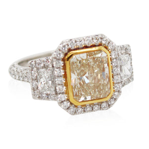 2.32ct Radiant Fancy Light Yellow Diamond 3 Stone Ring