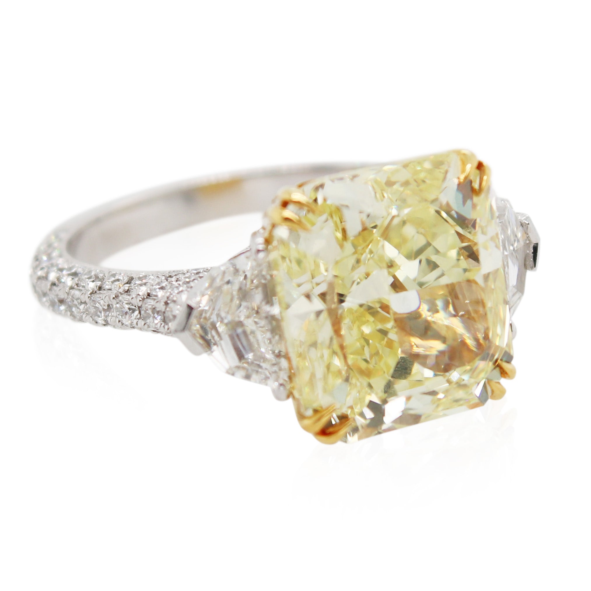 6.75ct Radiant Cut Fancy Intense Yellow Diamond 3 Stone Ring
