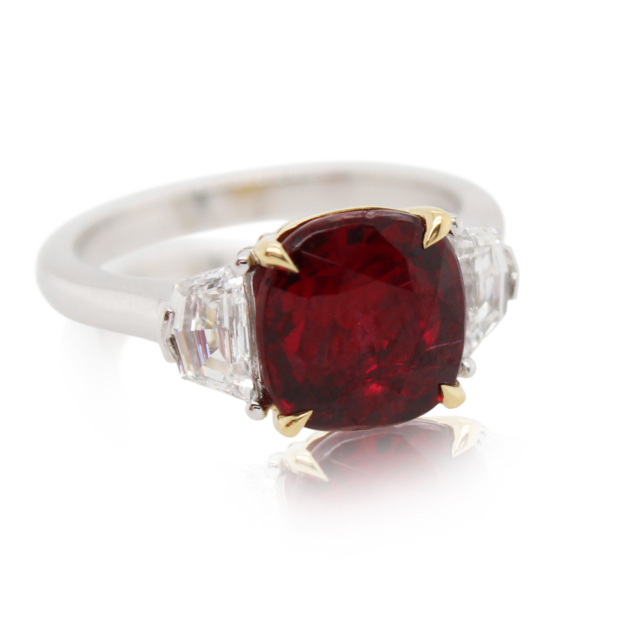 4.04ct Cushion Cut Ruby Three Stone Ring
