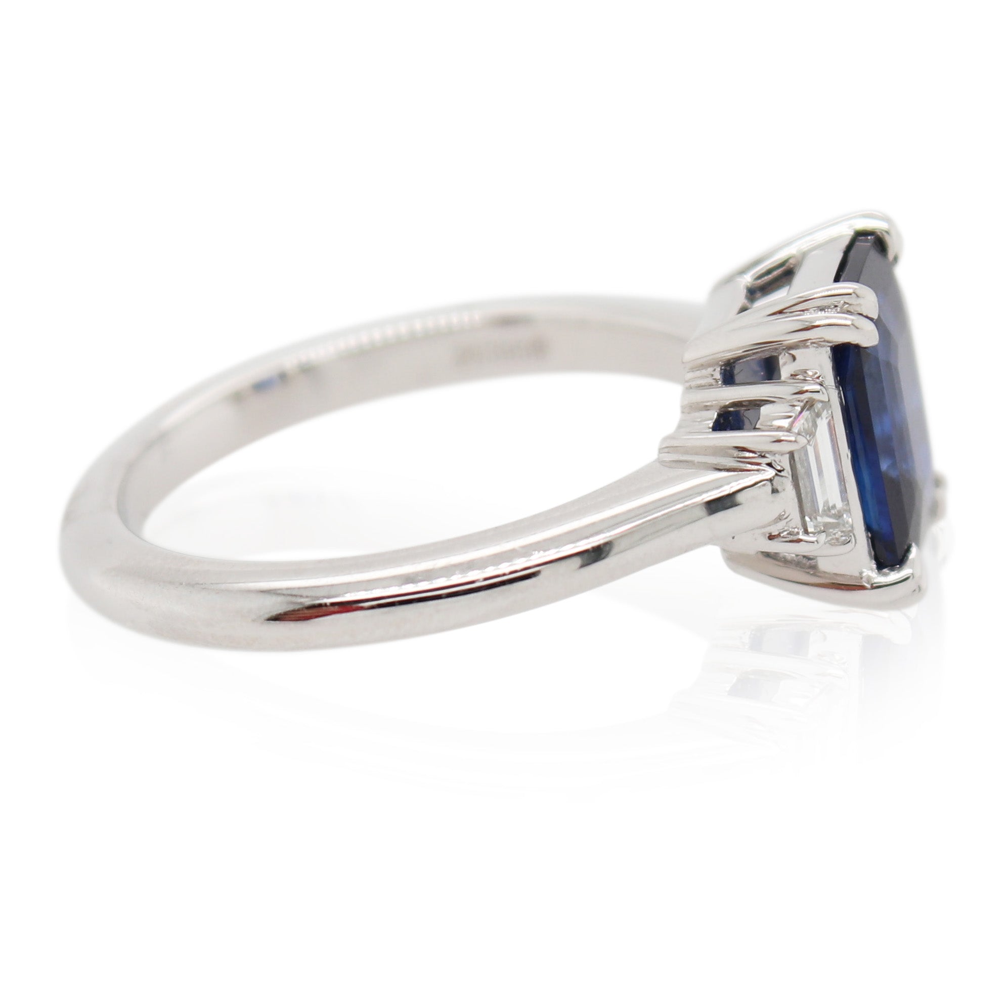 2.35ct Emerald Cut Sapphire and Diamond 3 Stone Ring