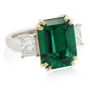 5.36ct Emerald Cut Zambian Emerald and Diamond 3 Stone Ring
