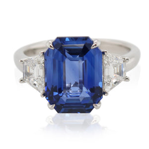 6.27ct Emerald Cut Sapphire 3 Stone Ring