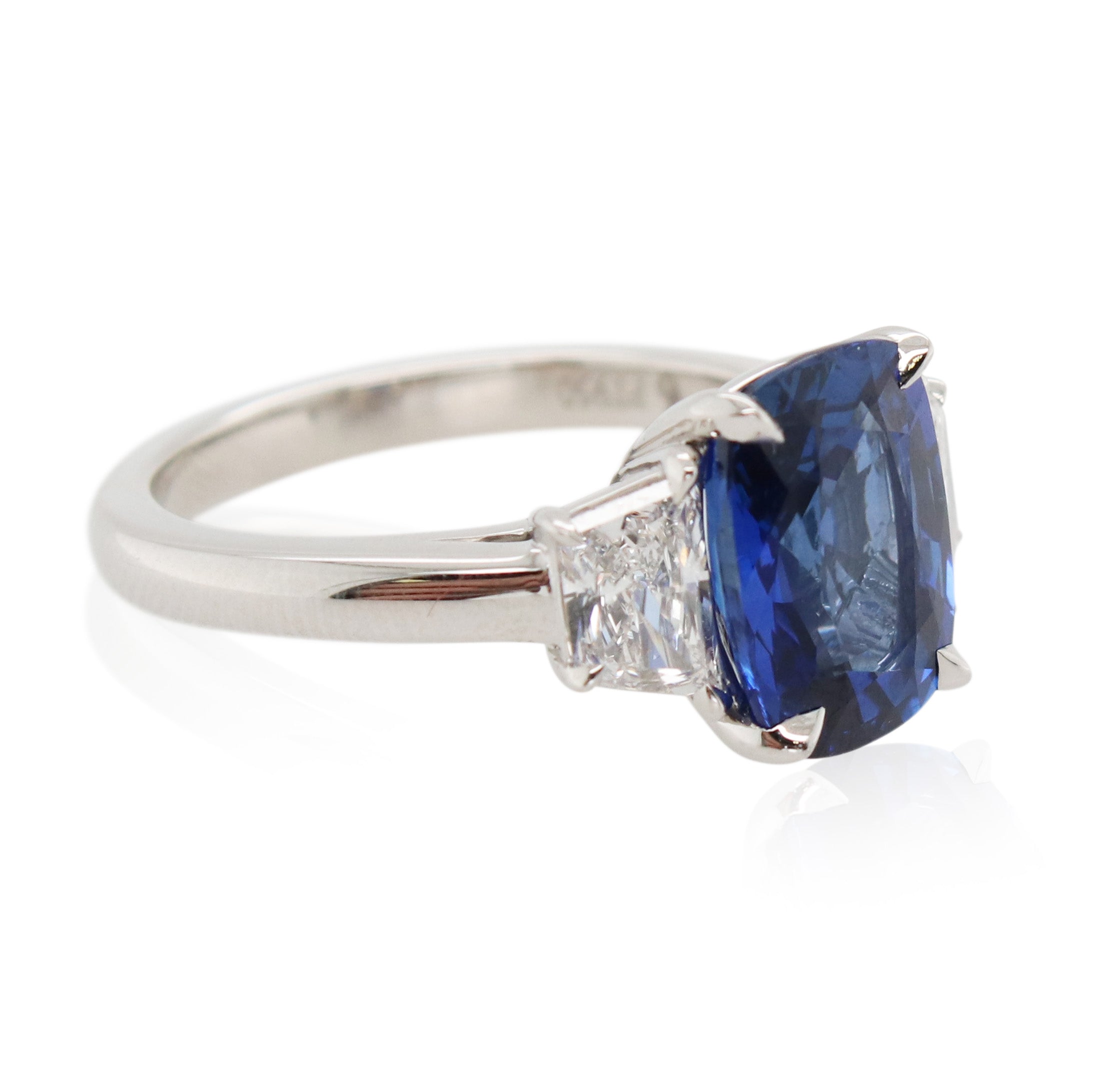 4.07ct Cushion Cut Sapphire and Diamond 3 Stone Ring