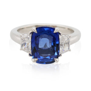 4.07ct Cushion Cut Sapphire and Diamond 3 Stone Ring