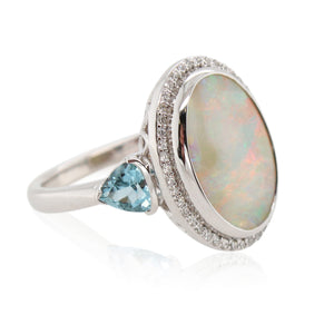 4.38ct Opal, Diamond, and Aquamarine Ring