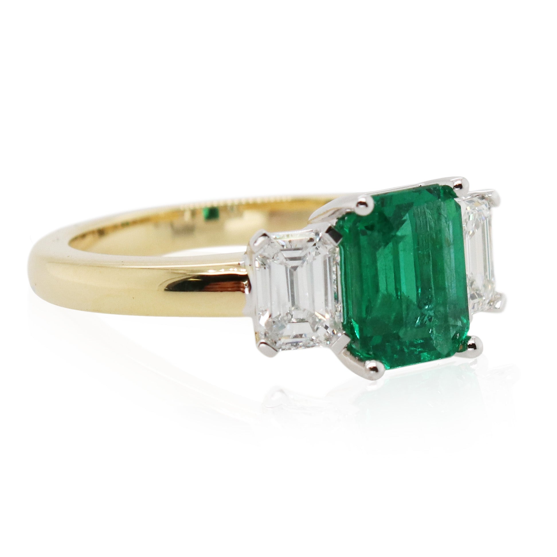 Two-Tone 1.67ct Emerald and Diamond 3 Stone Ring