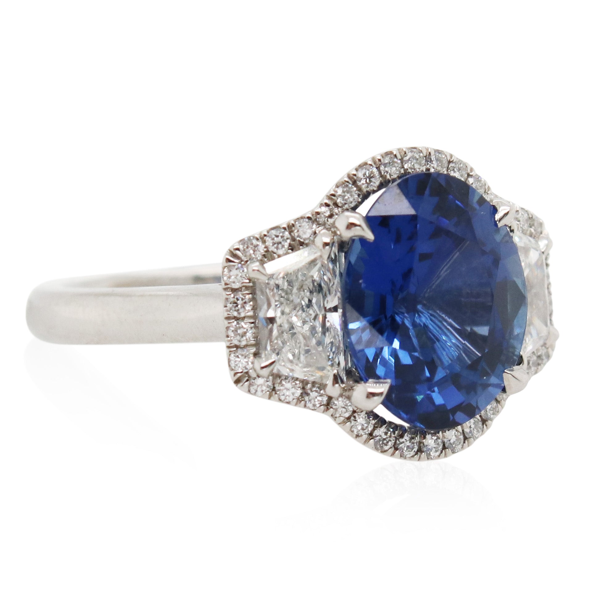 4.47ct Oval Sapphire and Diamond 3 Stone Ring