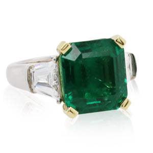 6.87ct Square Cut Emerald and Diamond 3 Stone Ring