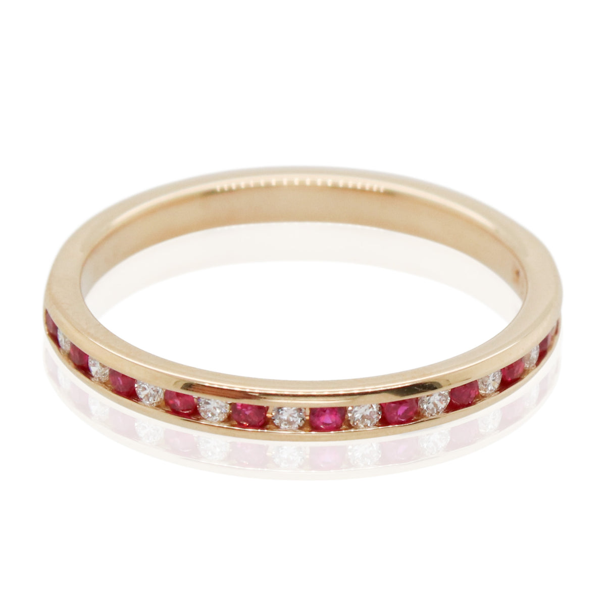 Channel Set Alternating Ruby and Diamond Half Round Band