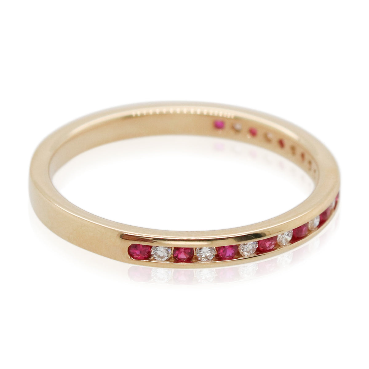 Channel Set Alternating Ruby and Diamond Half Round Band