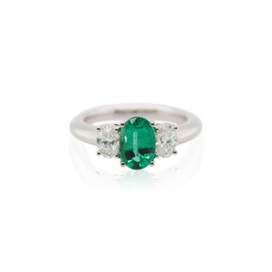 Oval Emerald and Diamond Three Stone Ring