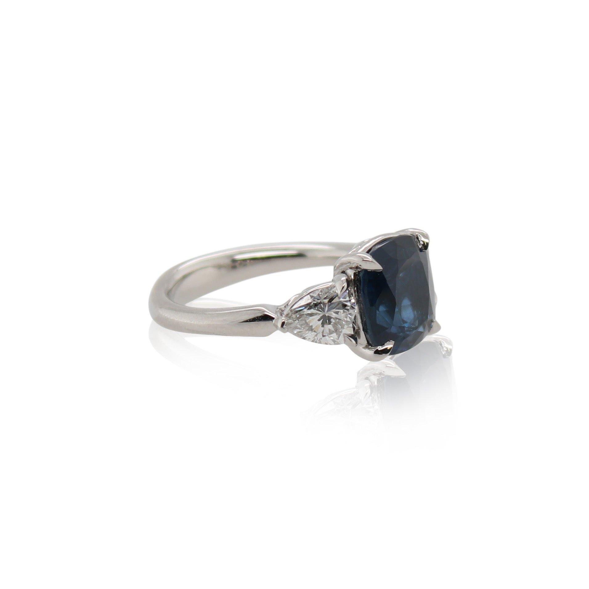 Cushion Cut Blue Sapphire and Diamond Three Stone Ring