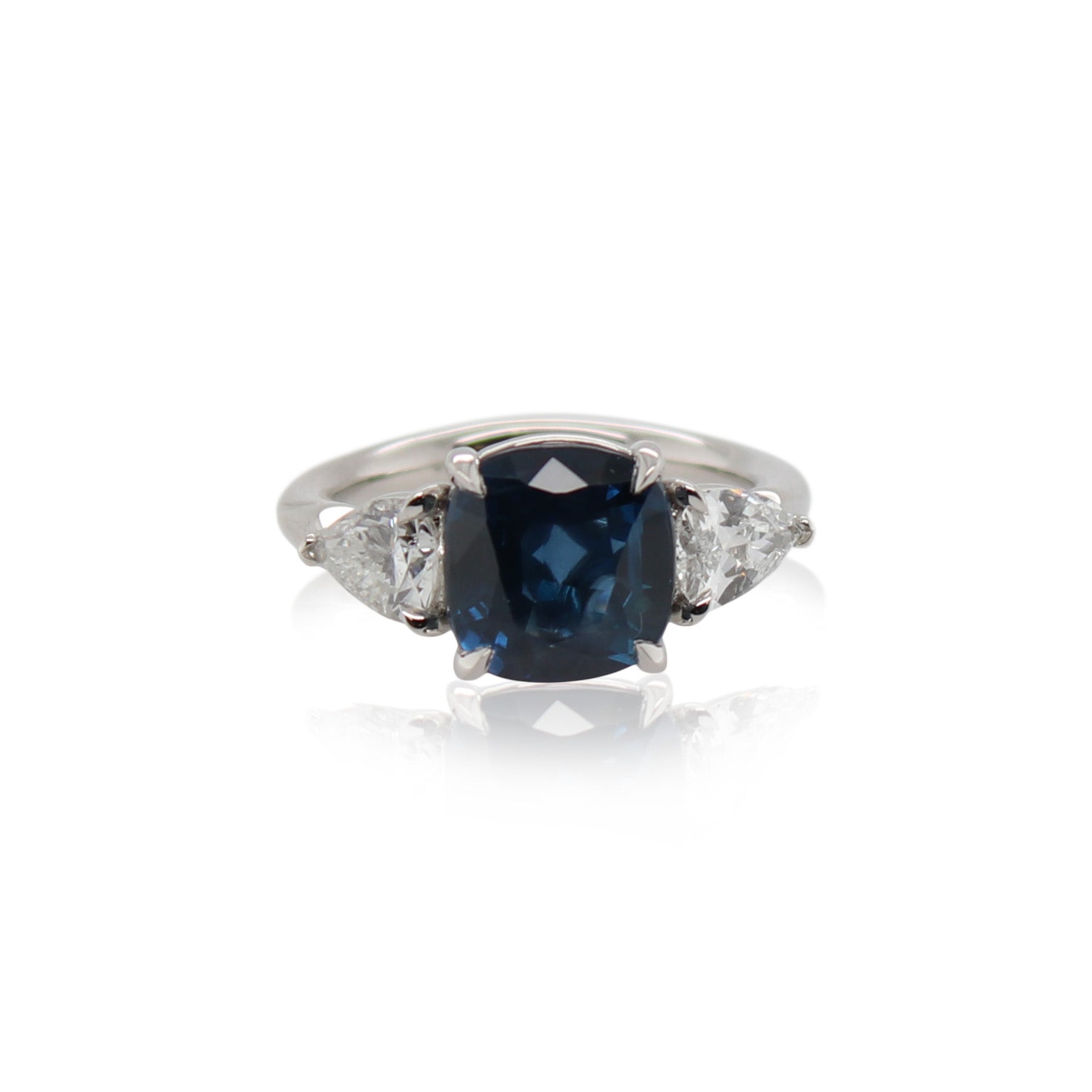 Cushion Cut Blue Sapphire and Diamond Three Stone Ring
