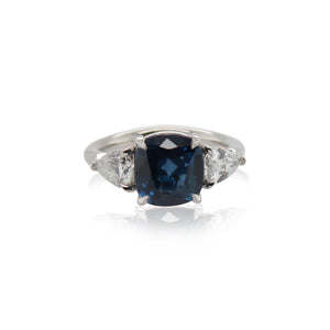 Cushion Cut Blue Sapphire and Diamond Three Stone Ring