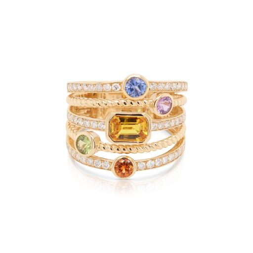 Multicolored Gemstone and Diamond 5 Row Ring