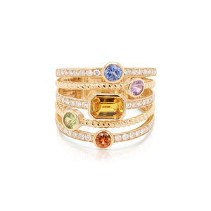 Multicolored Gemstone and Diamond 5 Row Ring