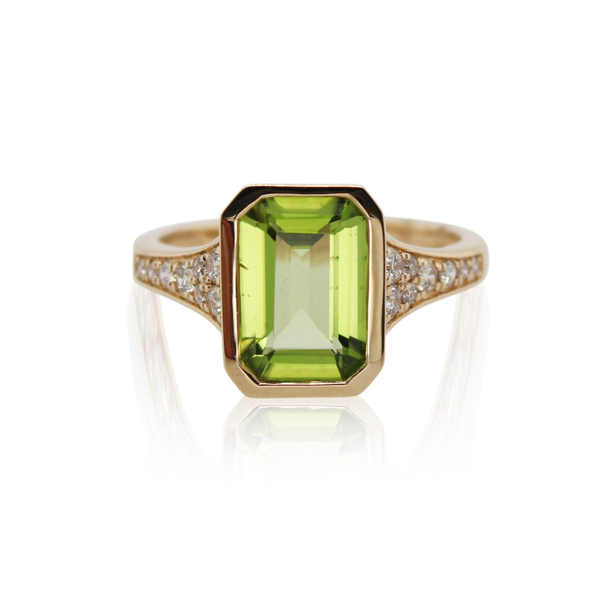 Emerald Cut Peridot and Diamond Ring
