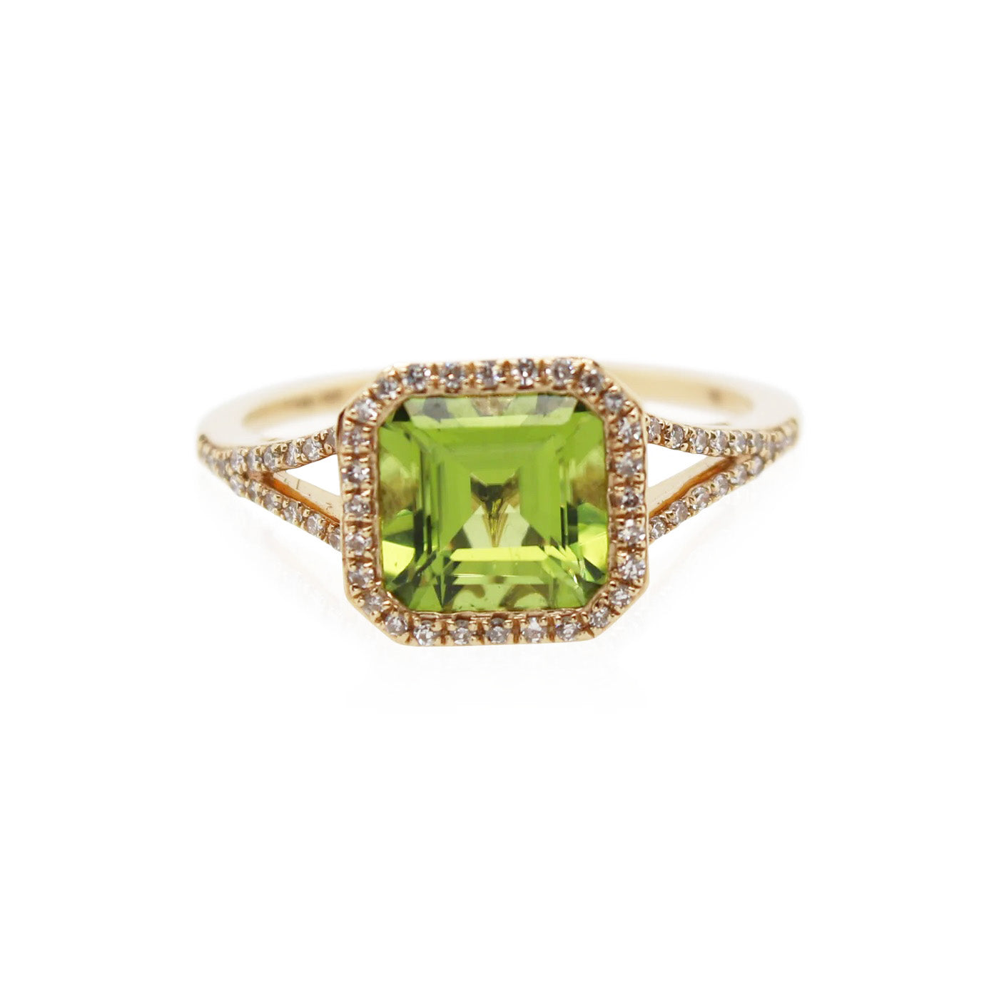 1.75ct Cushion Cut Peridot and Diamond Ring