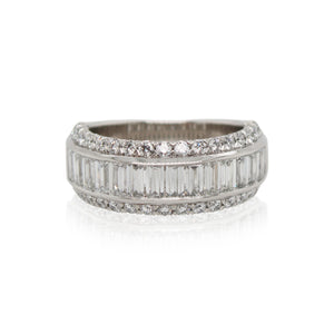 Platinum Baguette and Round Tri Row Wedding Band