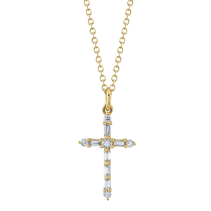 Round and Baguette Diamond Cross Pendant
