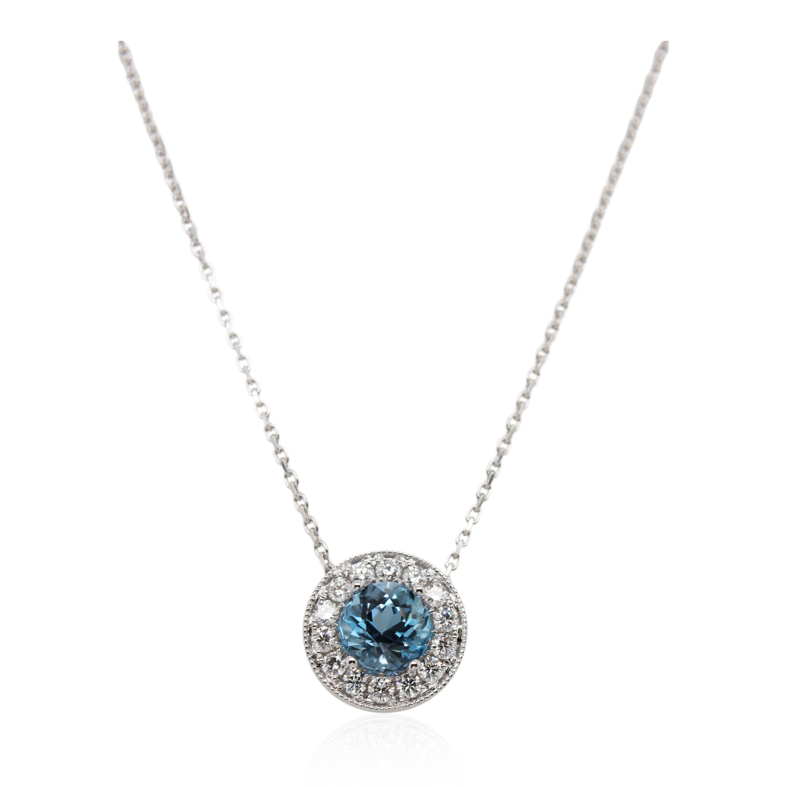1.42ct Round Aquamarine and Diamond Halo Pendant