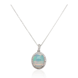 White Gold Opal and Halo Diamond Pendant