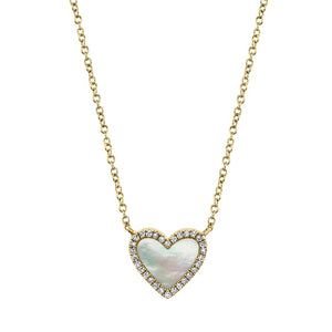 White Mother of Pearl and Diamond Halo Heart Necklace
