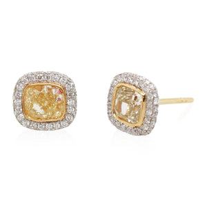 Cushion Cut Fancy Light Yellow Diamond Studs
