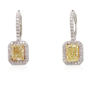 Radiant Cut Fancy Light Yellow Diamond Drop Earrings