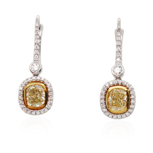 Cushion Cut Fancy Intense Yellow Diamond Drop Earrings