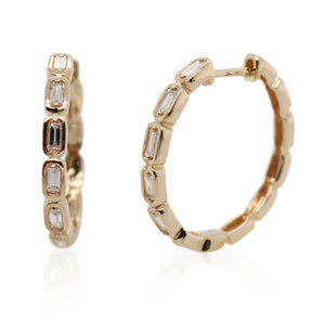 Yellow Gold Bezel Set Baguette Diamond Hoops