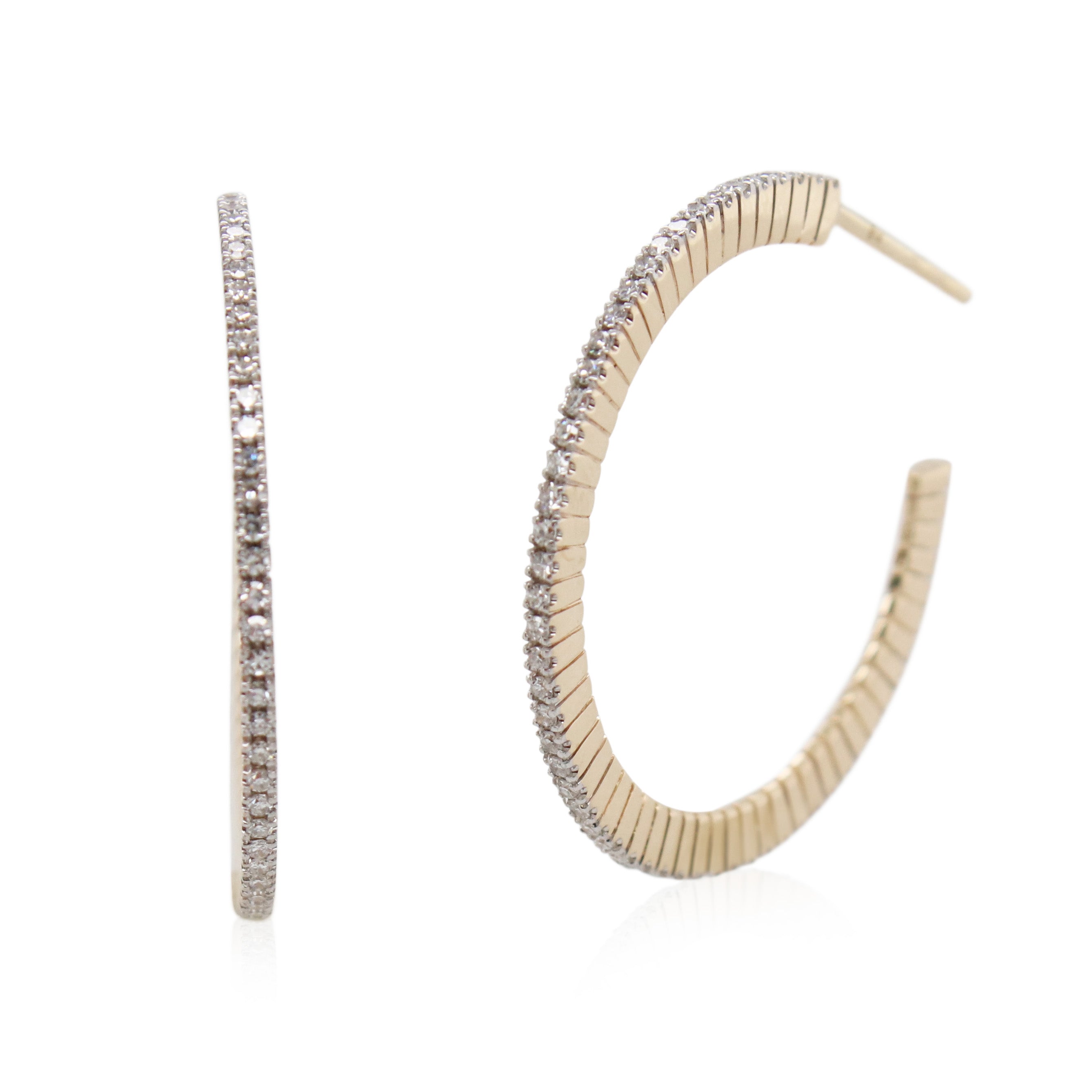 Yellow Gold Pavé Diamond Ribbed Hoops