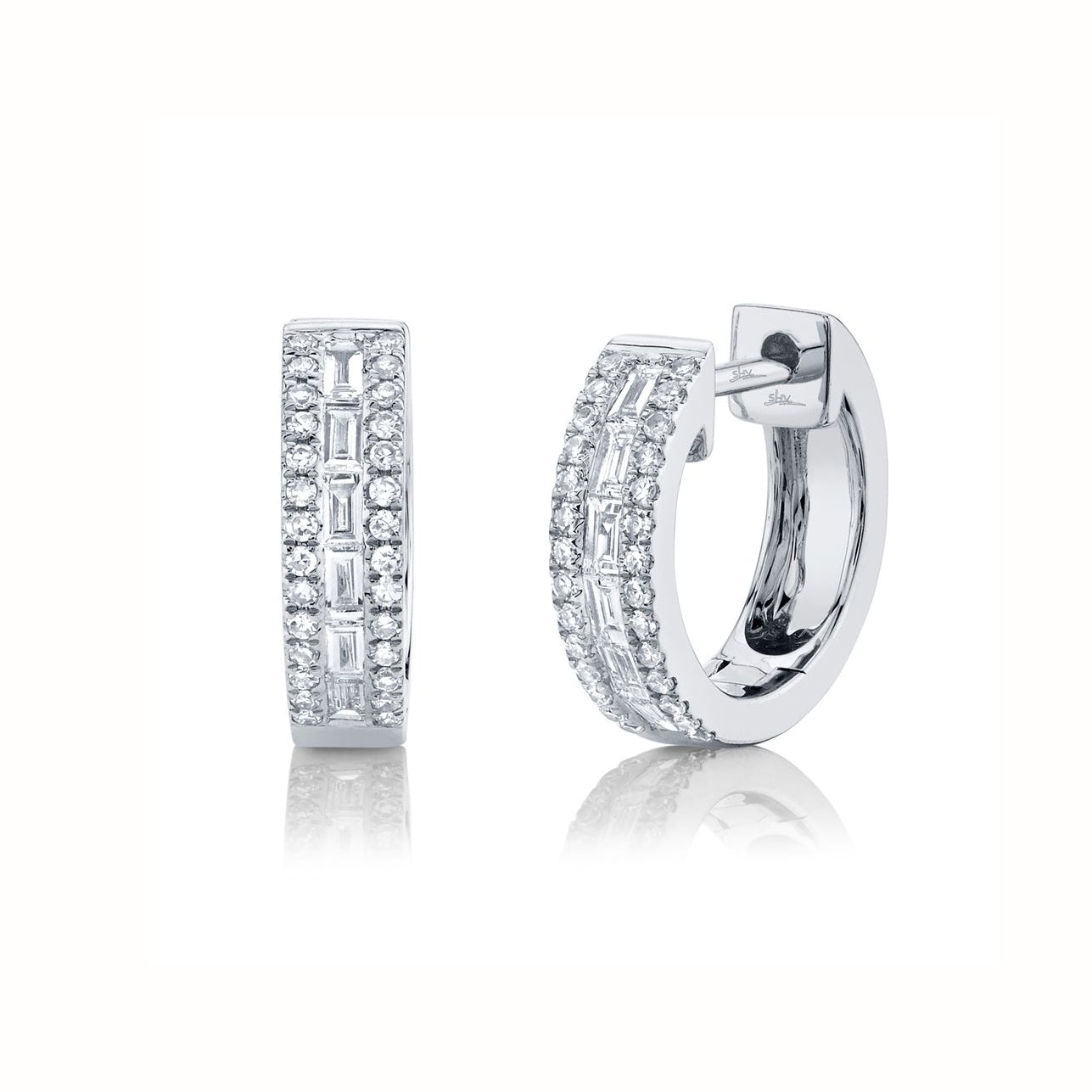 Baguette and Round Diamond Huggie Hoop Earrings
