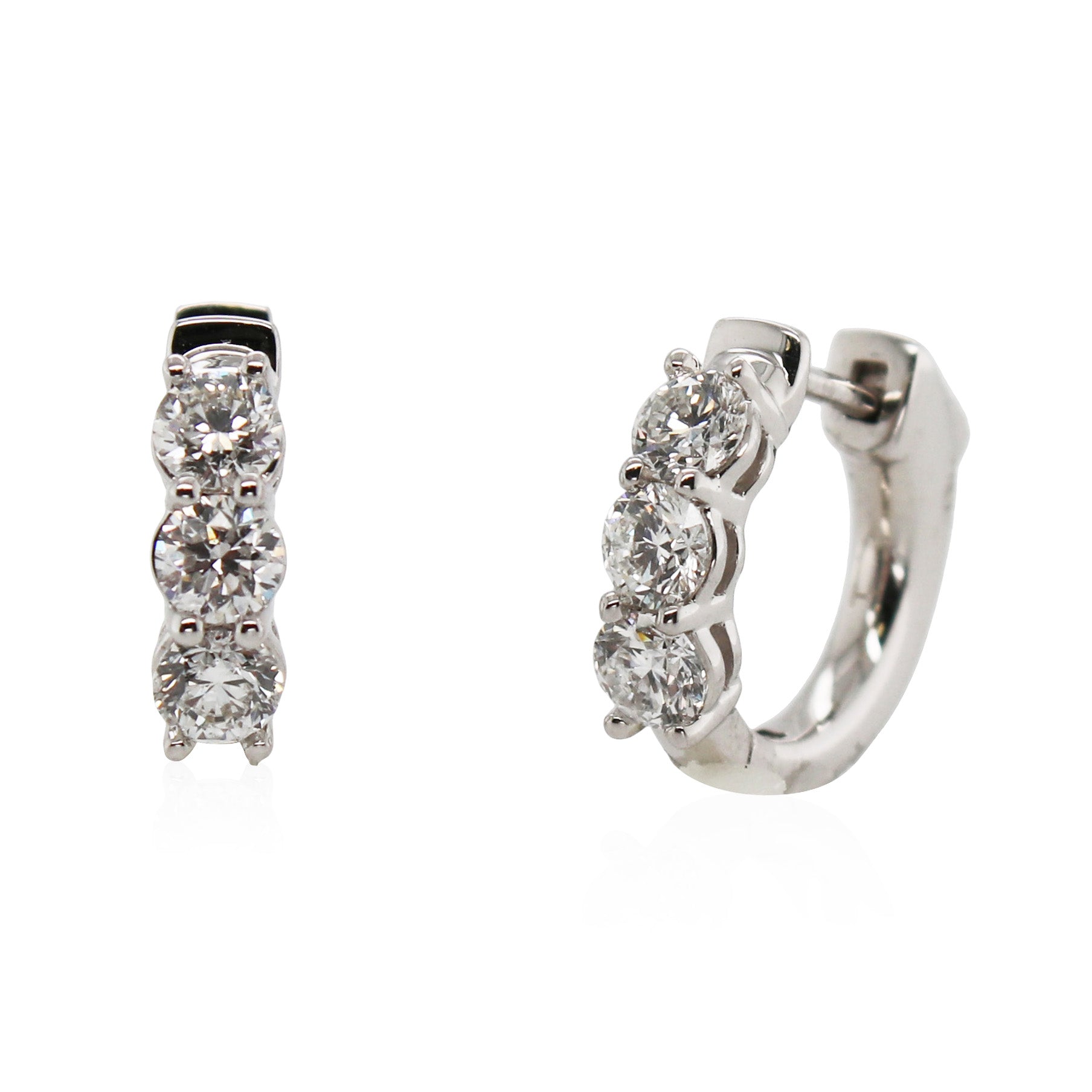 White Gold Triple Diamond Huggie Hoop Earrings