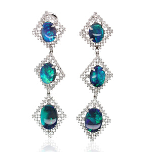 Platinum Oval Opal and Diamond Drop Earrings