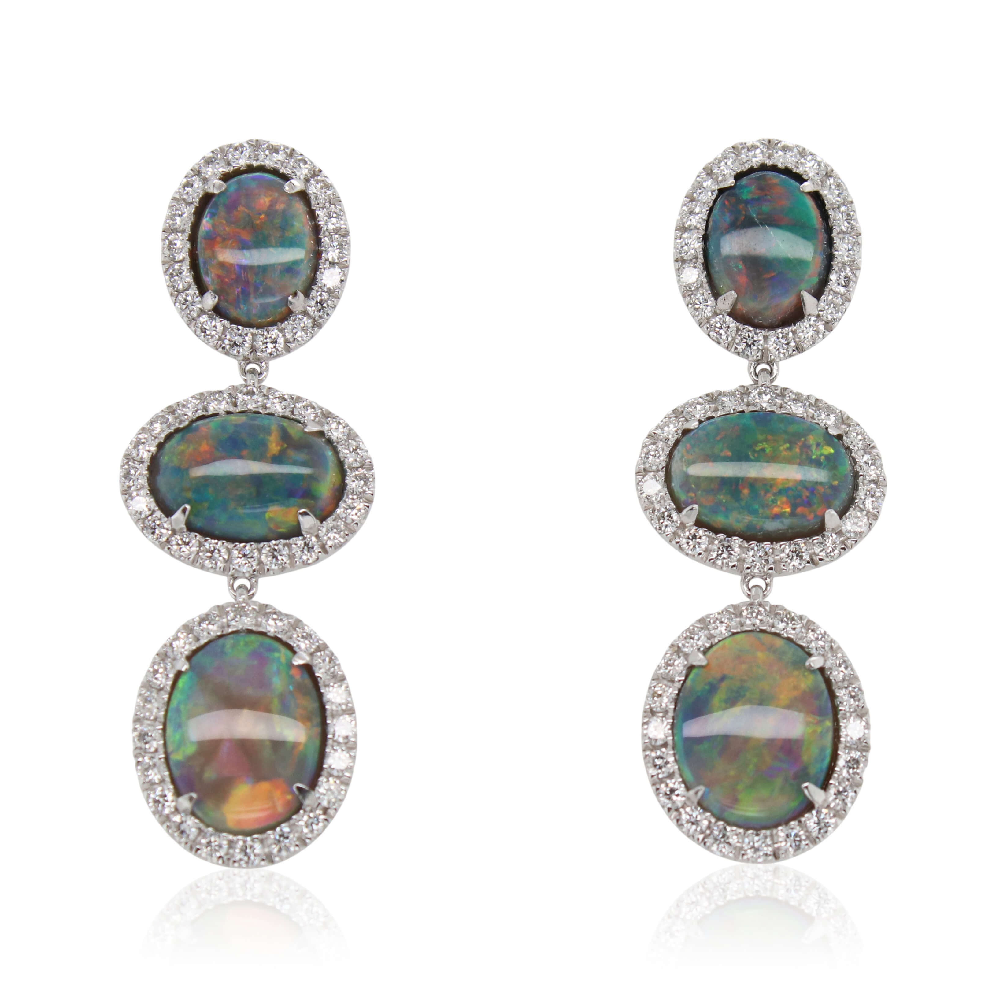 Oval Opal and Halo Diamond Drop Earrings