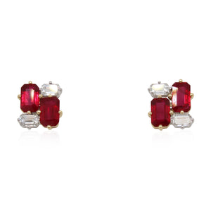 Emerald Cut Ruby and Diamond Cluster Earrings